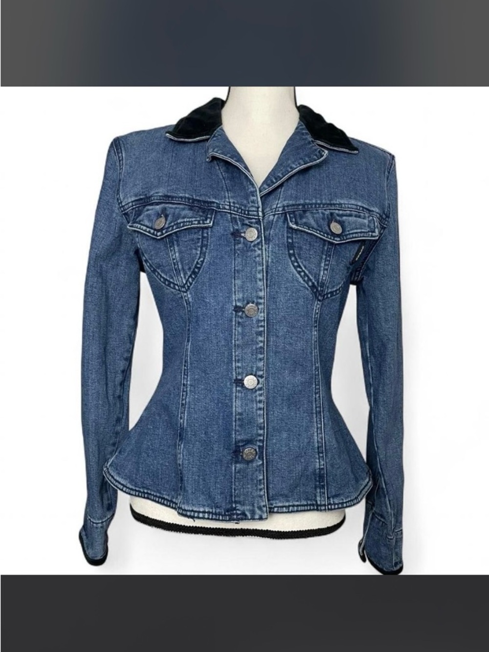 Guess Women's Blue Denim Jacket with Black Collar—Peplum Flare